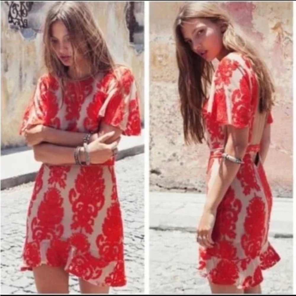 FOR LOVE + LEMONS Mini Lace Backless Open Back Illusion Lace Short Sleeve Dress